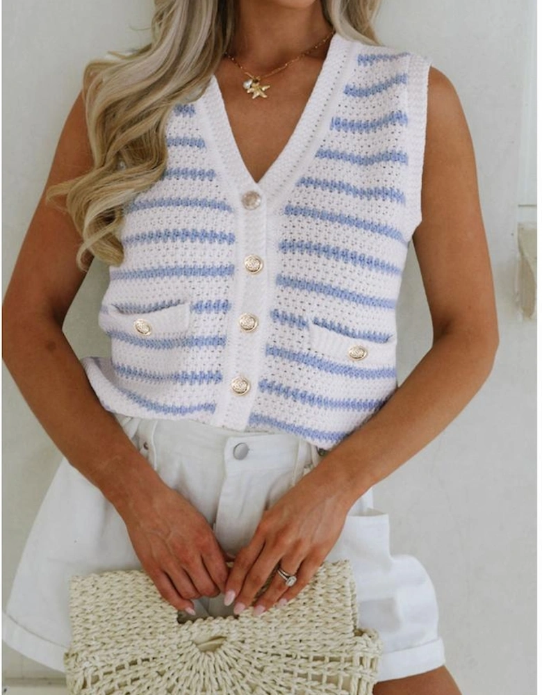 Sky Blue Stripe V Neck Gold Buttons Elegant Sweater Vest