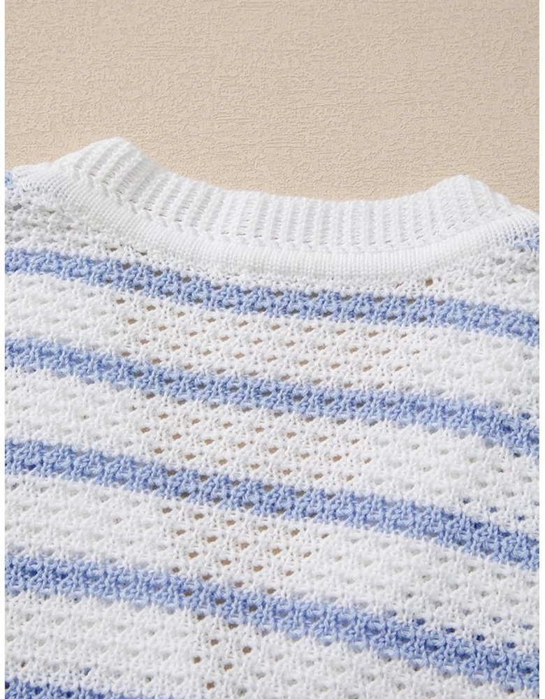 Sky Blue Stripe V Neck Gold Buttons Elegant Sweater Vest