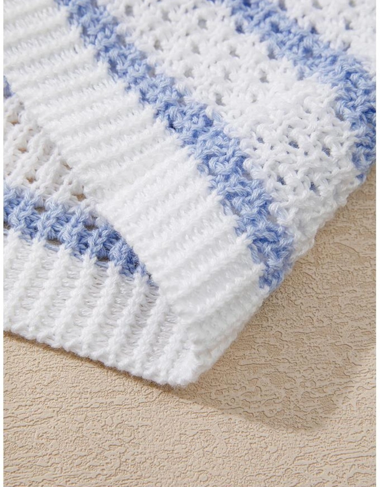 Sky Blue Stripe V Neck Gold Buttons Elegant Sweater Vest