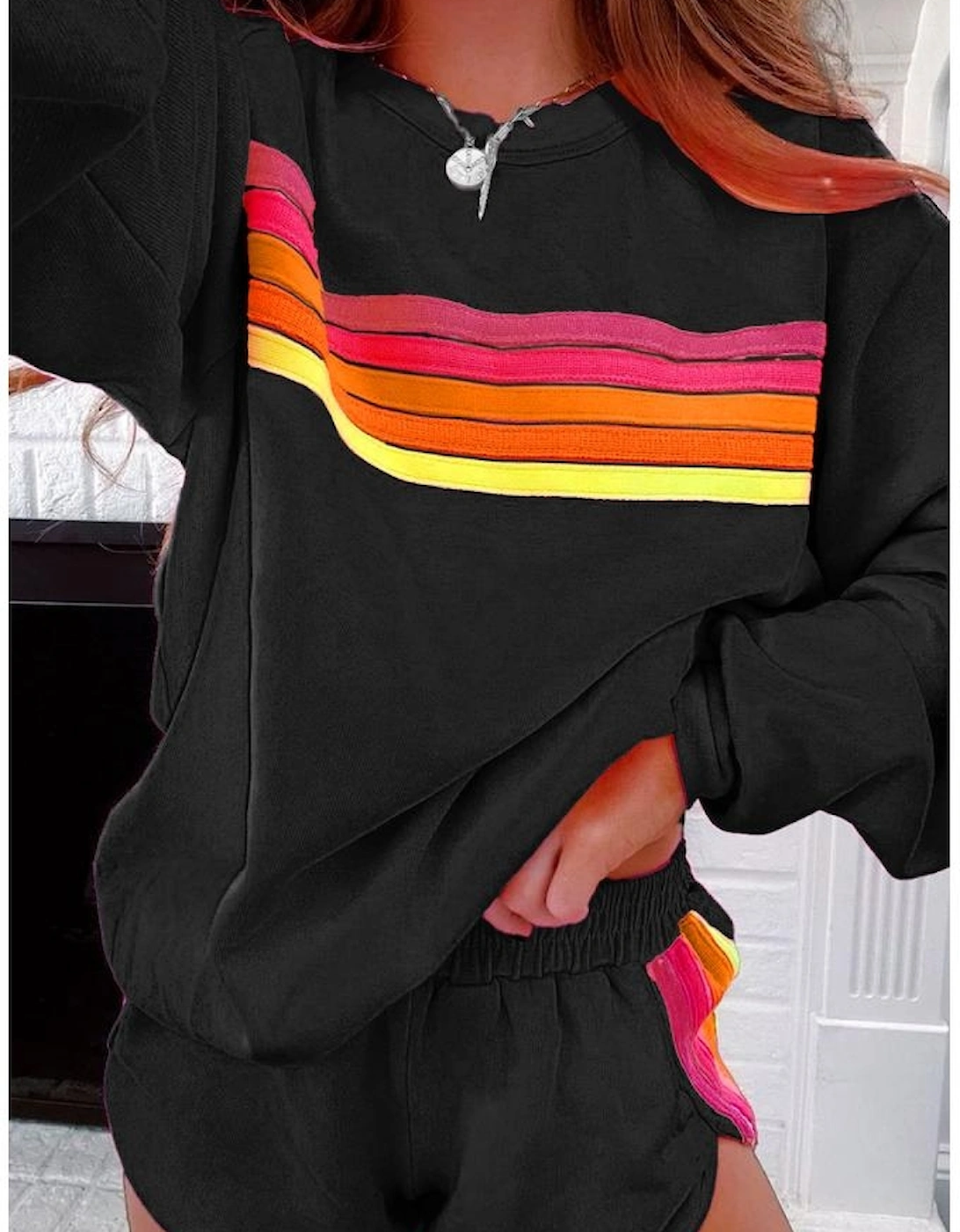 Black Striped Accent Pullover and Shorts Two Piece Casual Set, 12 of 11