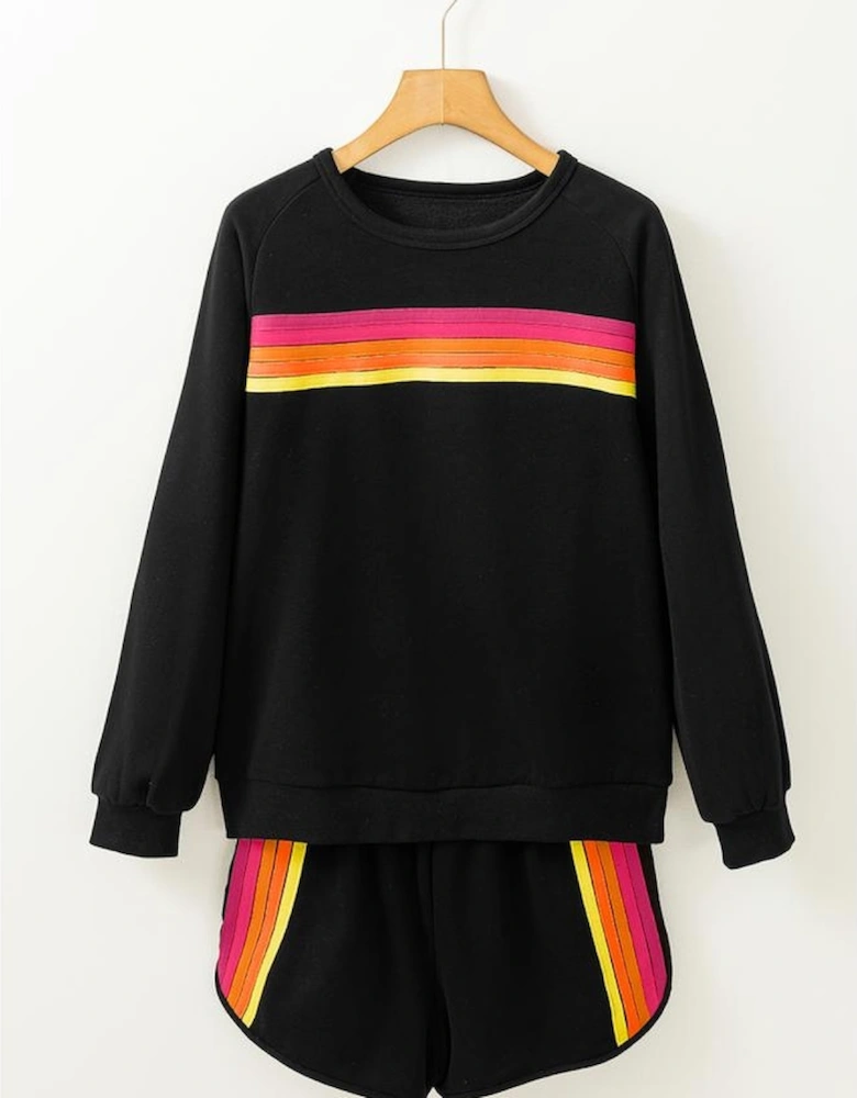 Black Striped Accent Pullover and Shorts Two Piece Casual Set