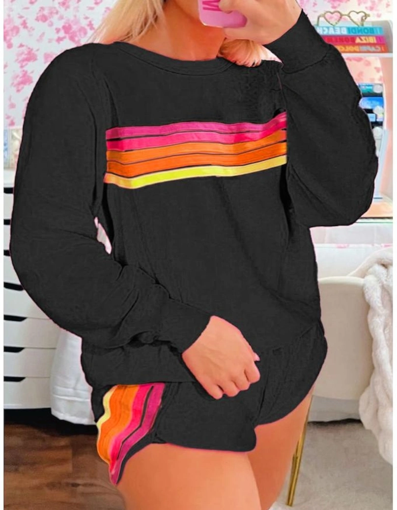 Black Striped Accent Pullover and Shorts Two Piece Casual Set