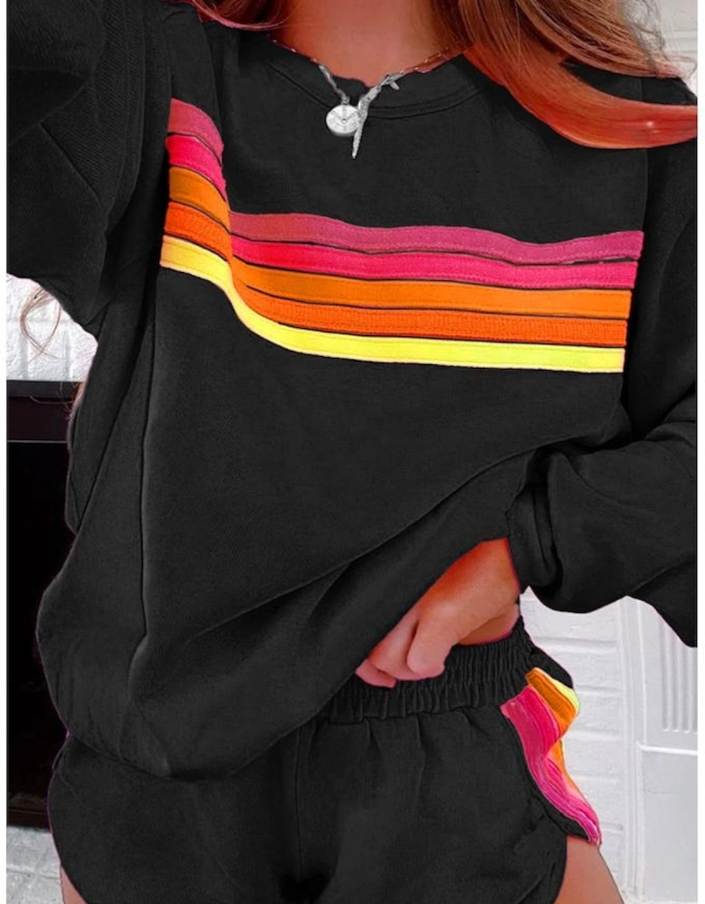 Black Striped Accent Pullover and Shorts Two Piece Casual Set