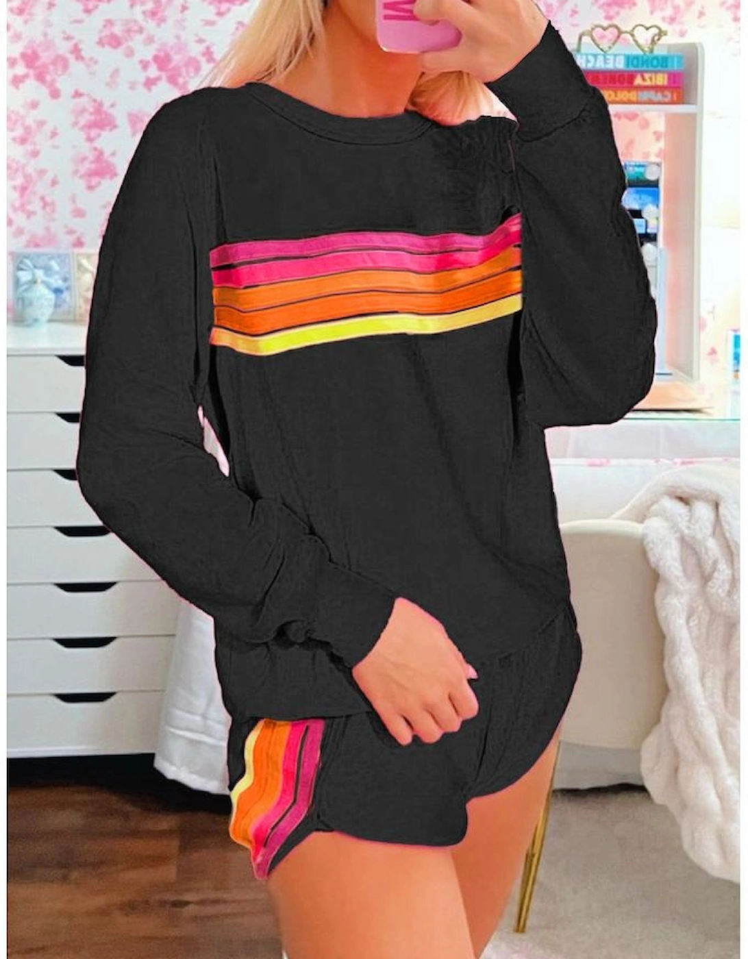 Black Striped Accent Pullover and Shorts Two Piece Casual Set