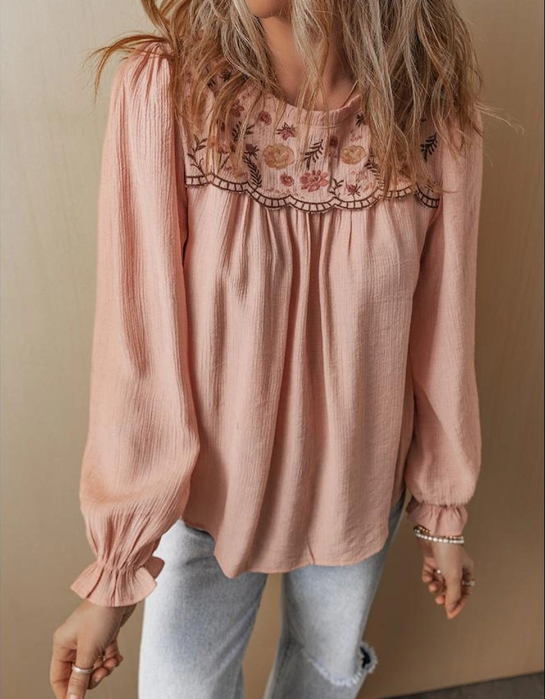 Gossamer Pink Floral Embroidered Textured Flounce Sleeve Elegant Blouse