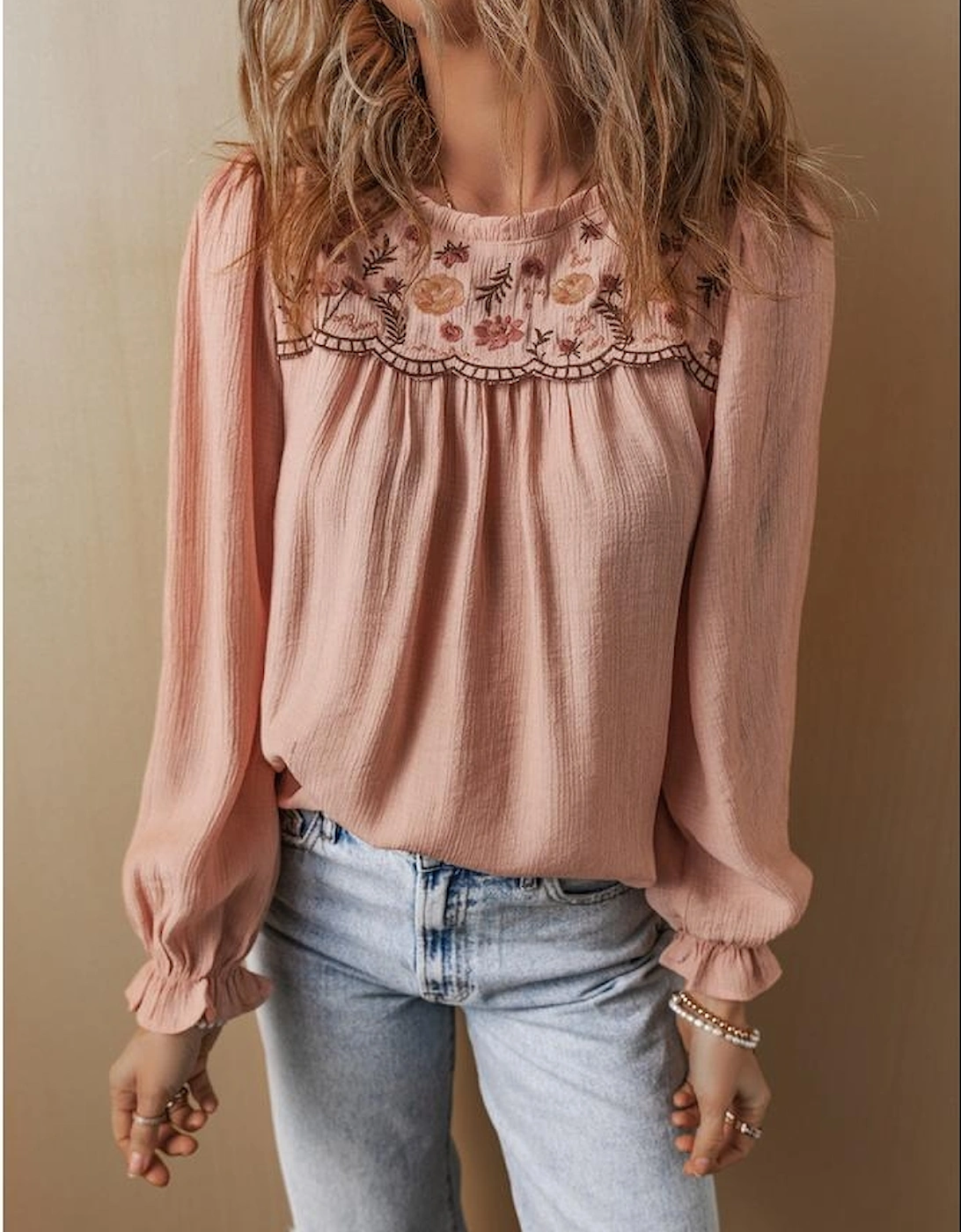 Gossamer Pink Floral Embroidered Textured Flounce Sleeve Elegant Blouse