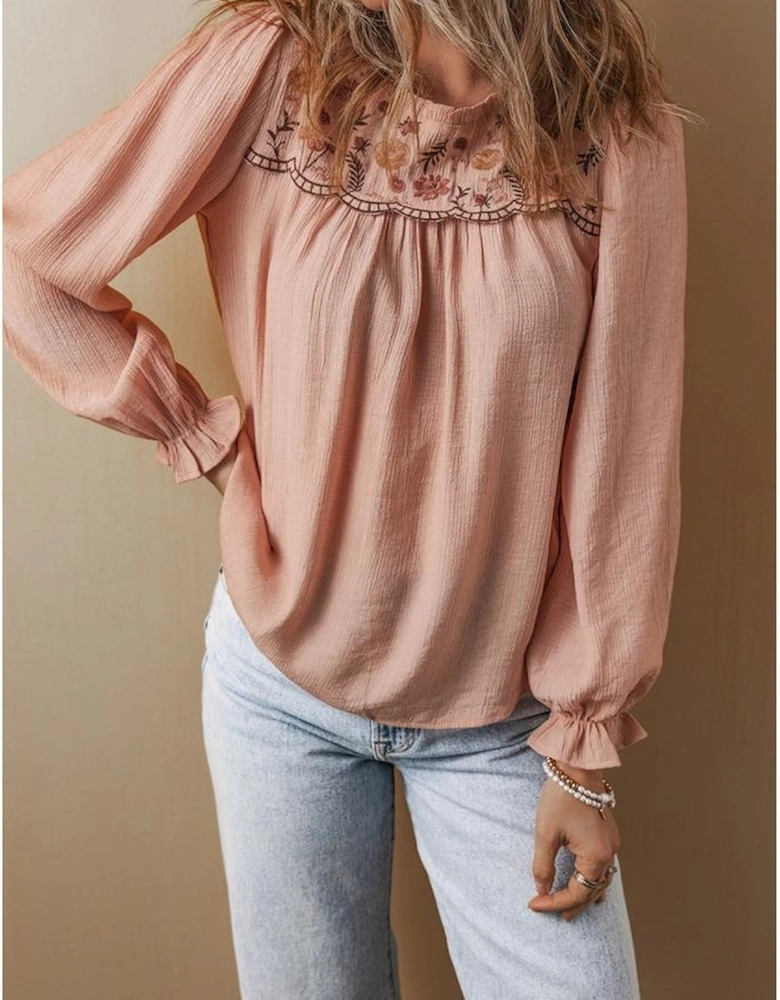 Gossamer Pink Floral Embroidered Textured Flounce Sleeve Elegant Blouse