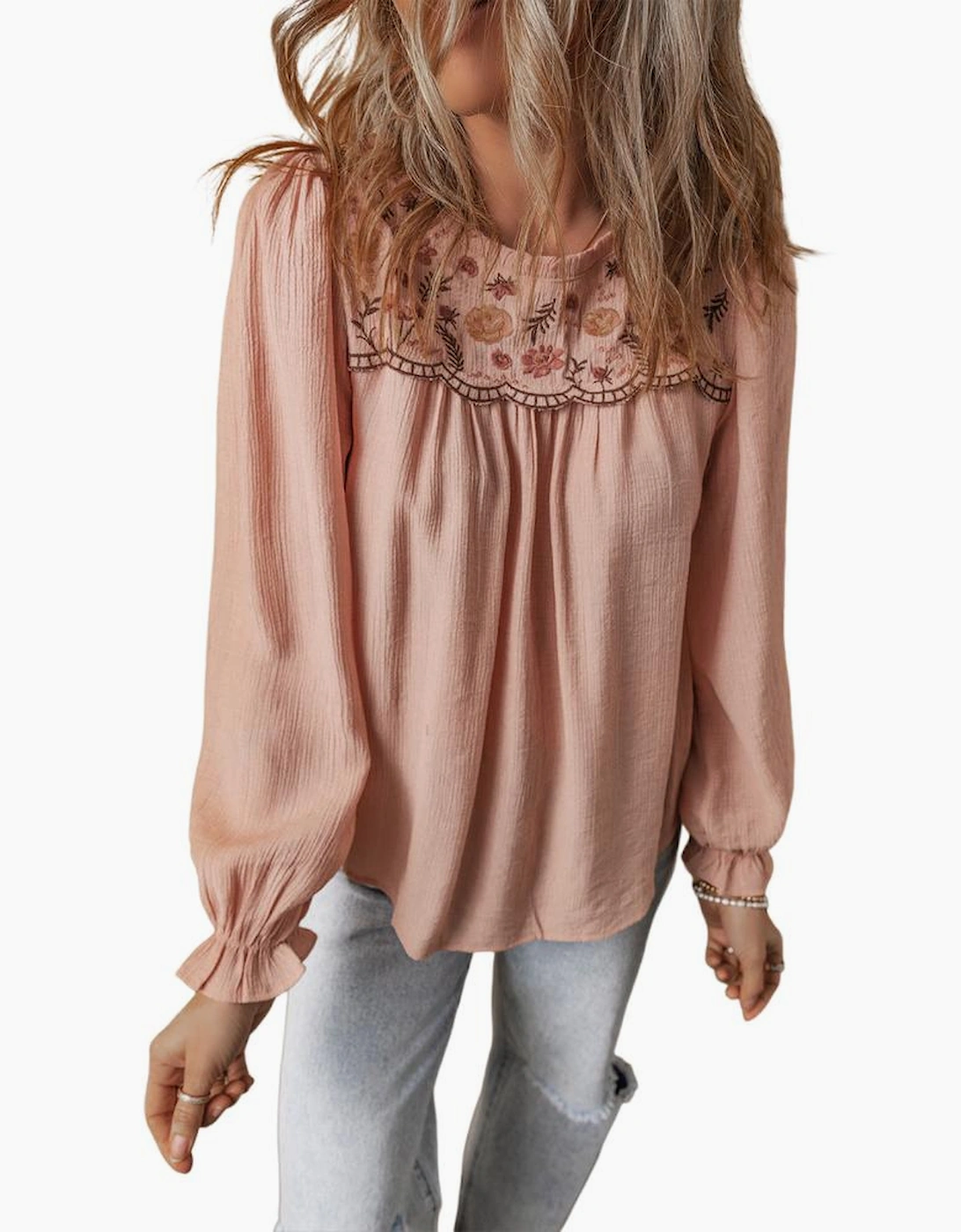 Gossamer Pink Floral Embroidered Textured Flounce Sleeve Elegant Blouse