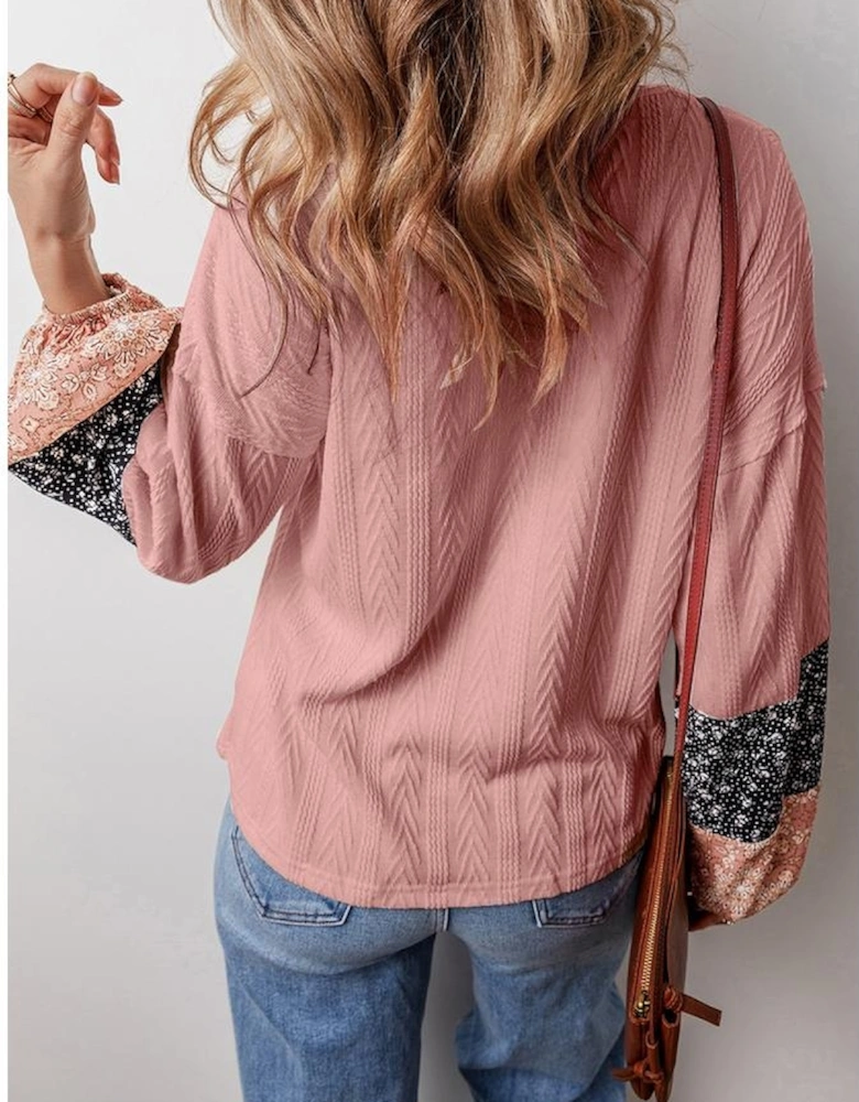 Dusty Pink Floral Patchwork Textured Knit Drawstring V Neck Blouse