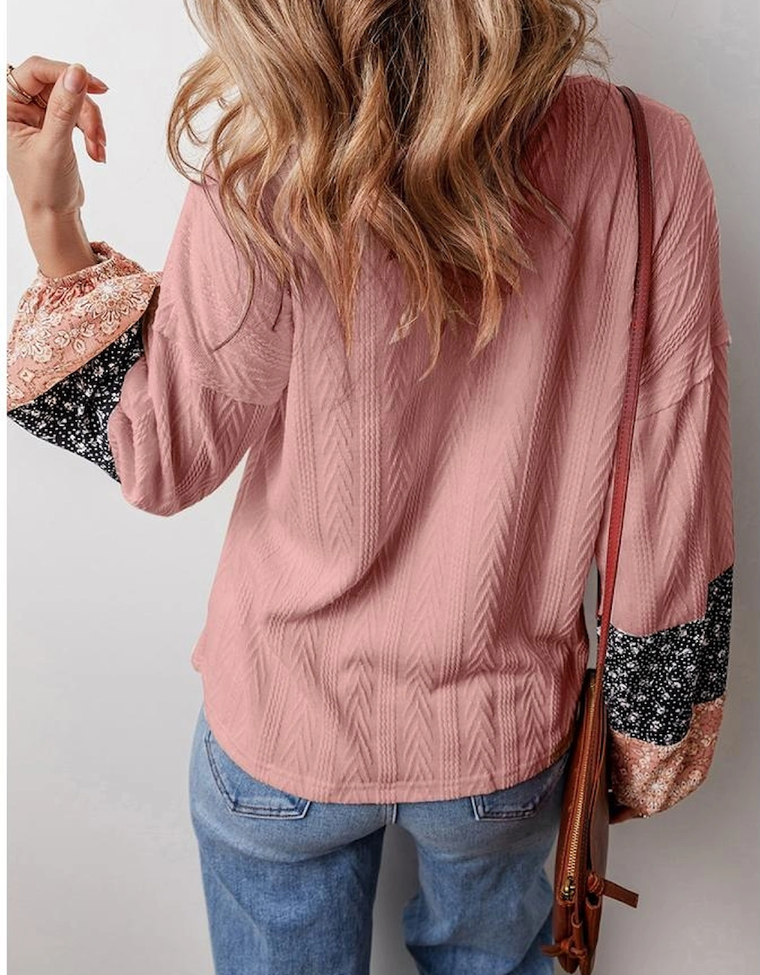Dusty Pink Floral Patchwork Textured Knit Drawstring V Neck Blouse