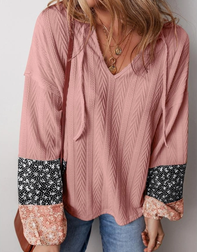 Dusty Pink Floral Patchwork Textured Knit Drawstring V Neck Blouse