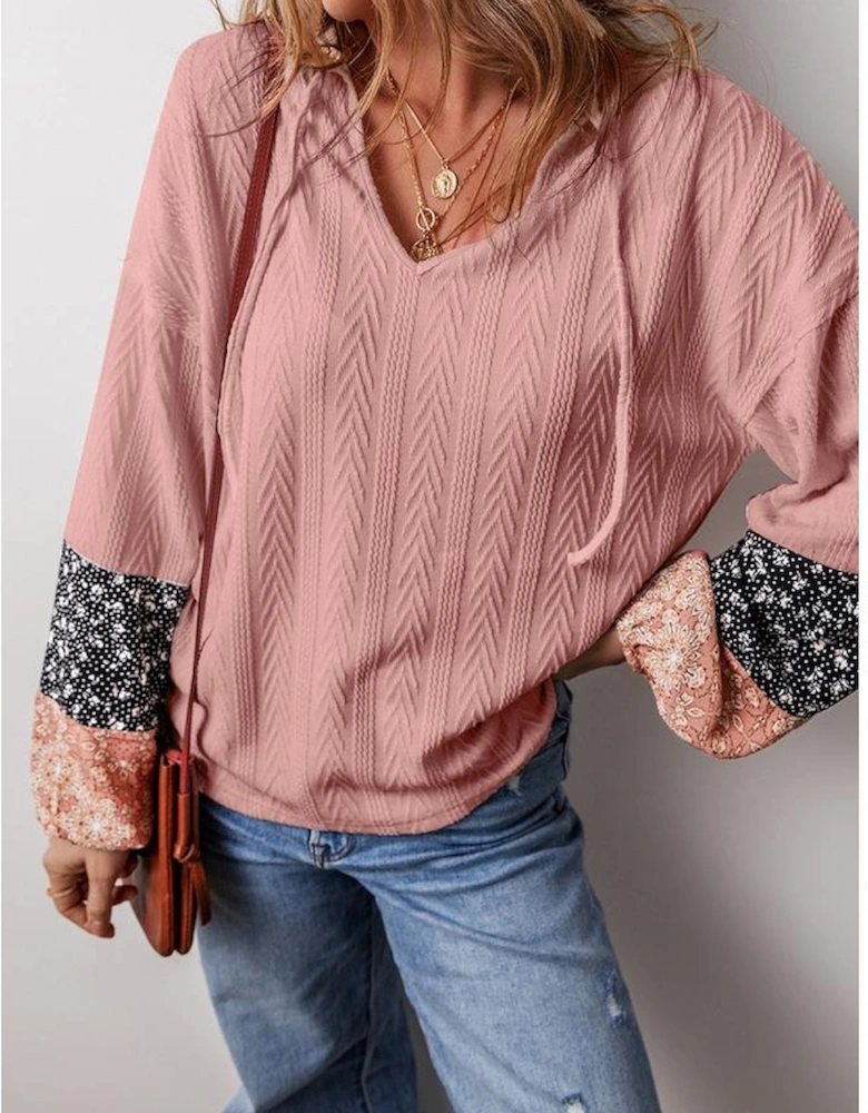 Dusty Pink Floral Patchwork Textured Knit Drawstring V Neck Blouse