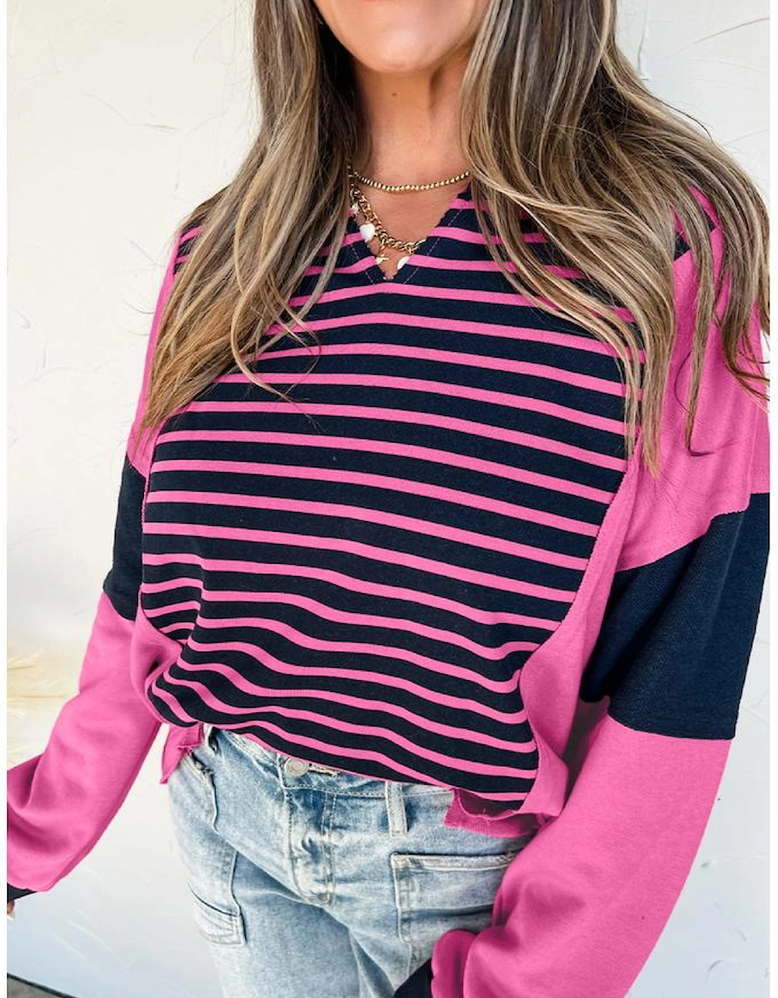 Pink Stripe Color Block V Neck Loose Fit Long Sleeve Top