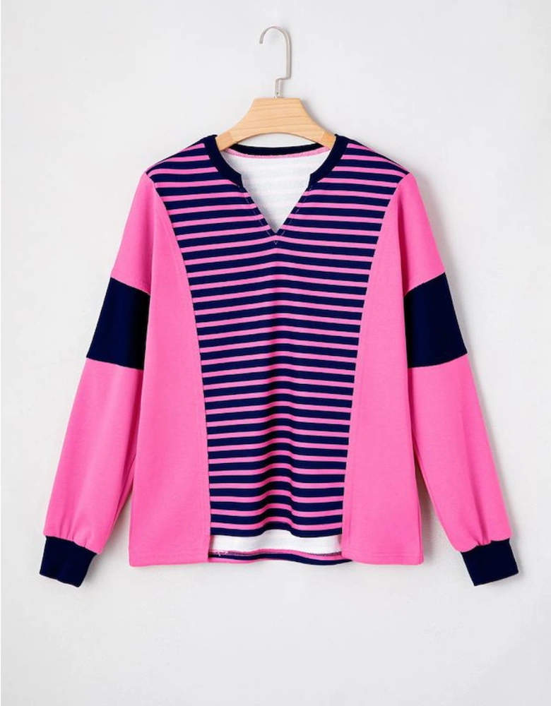 Pink Stripe Color Block V Neck Loose Fit Long Sleeve Top