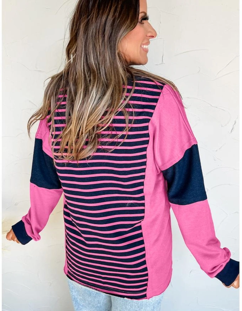 Pink Stripe Color Block V Neck Loose Fit Long Sleeve Top