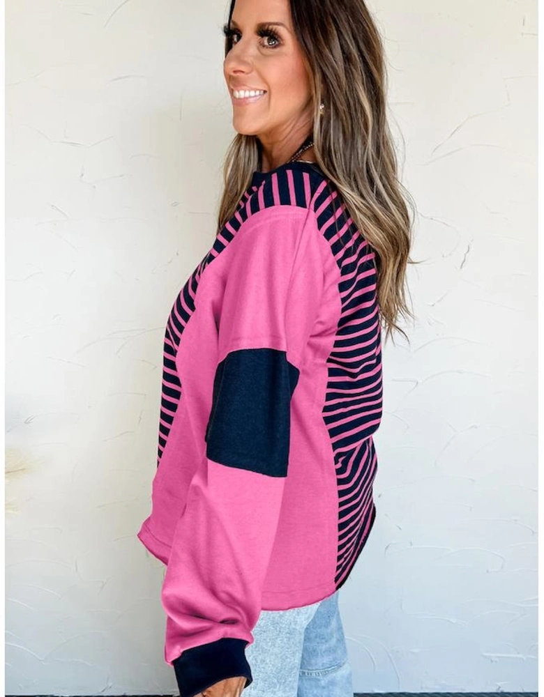 Pink Stripe Color Block V Neck Loose Fit Long Sleeve Top