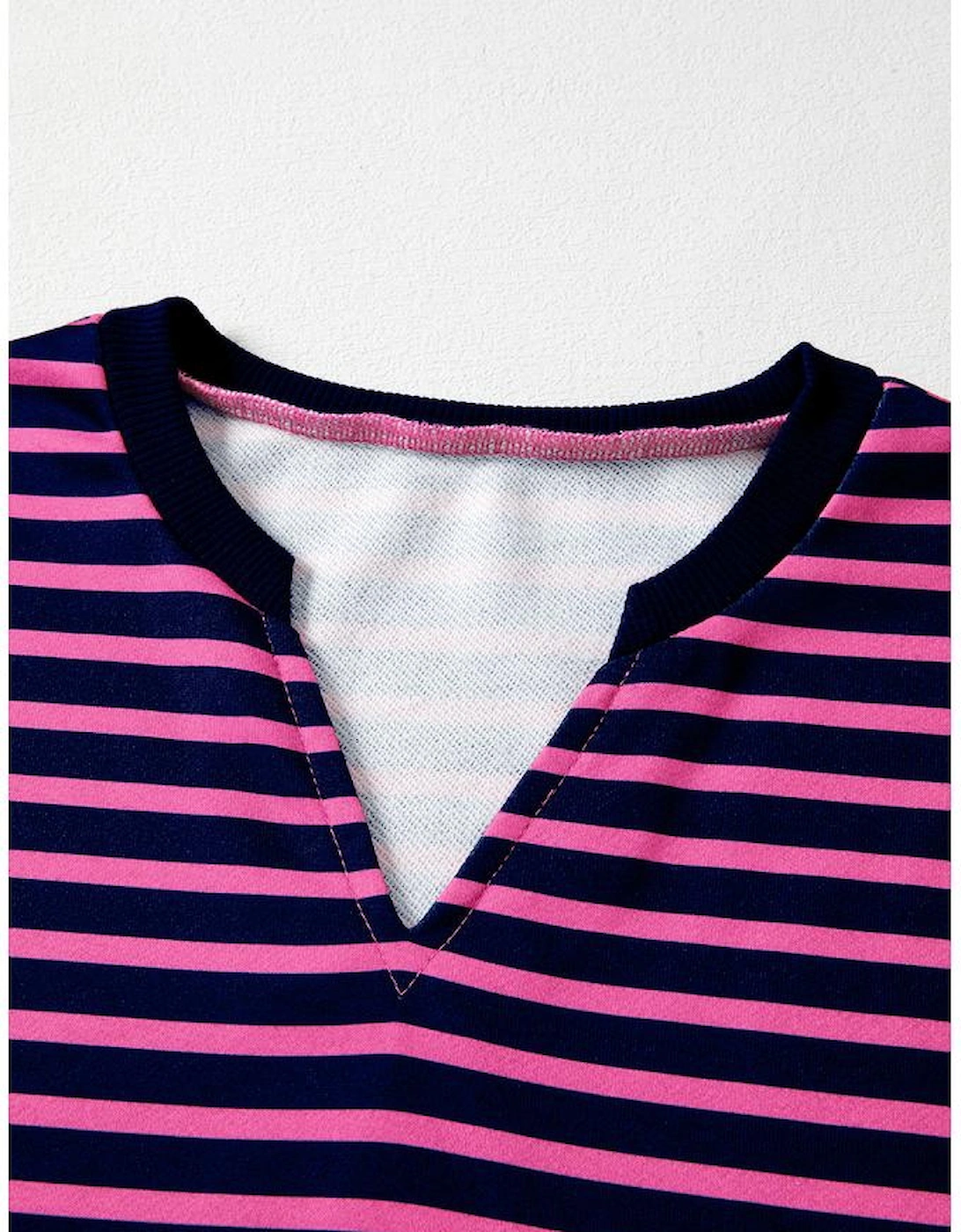 Pink Stripe Color Block V Neck Loose Fit Long Sleeve Top