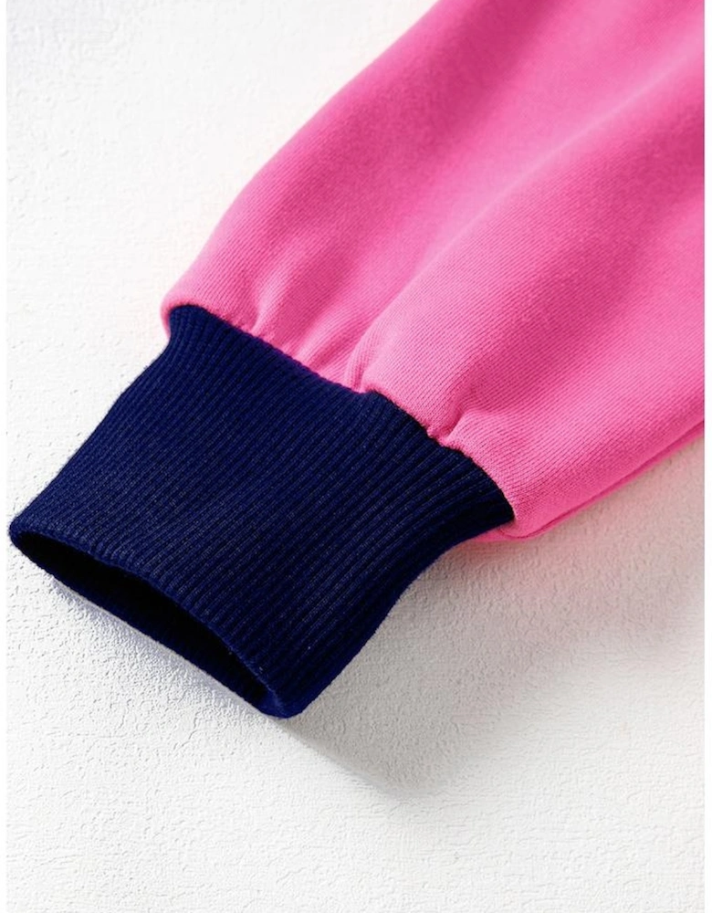 Pink Stripe Color Block V Neck Loose Fit Long Sleeve Top