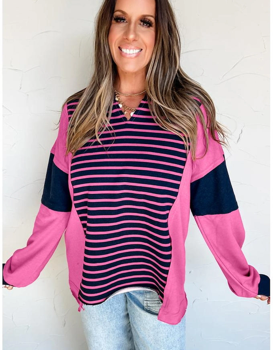Pink Stripe Color Block V Neck Loose Fit Long Sleeve Top