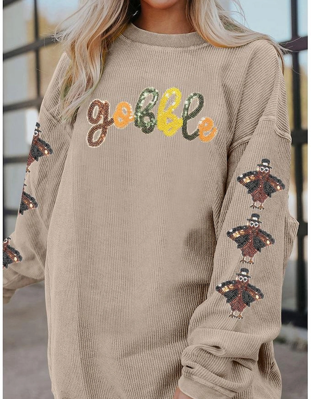 Smoke Gray Corded Ribbed Thanksgiving Turkey Sequin Patched Sleeve gobble Baggy Sweatshirt, 8 of 7