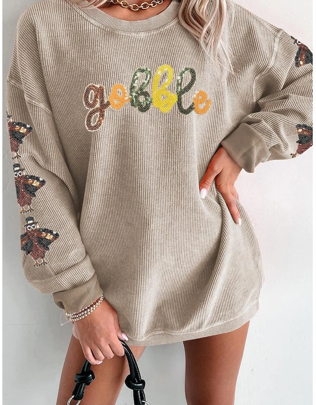 Smoke Gray Corded Ribbed Thanksgiving Turkey Sequin Patched Sleeve gobble Baggy Sweatshirt