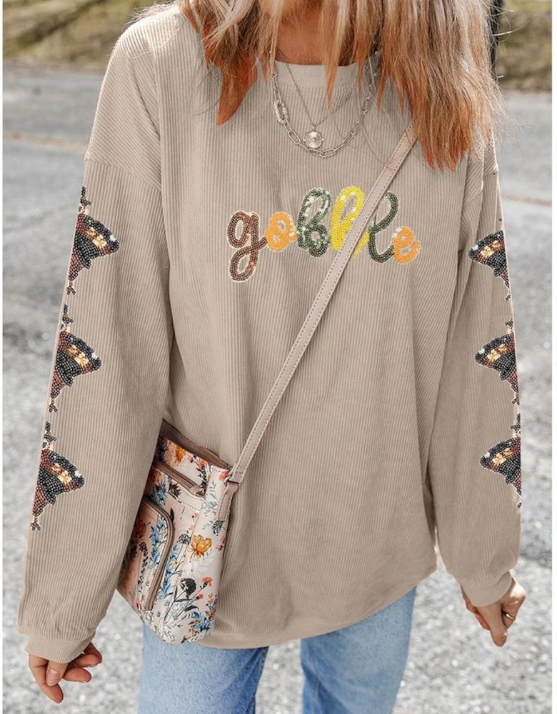 Smoke Gray Corded Ribbed Thanksgiving Turkey Sequin Patched Sleeve gobble Baggy Sweatshirt