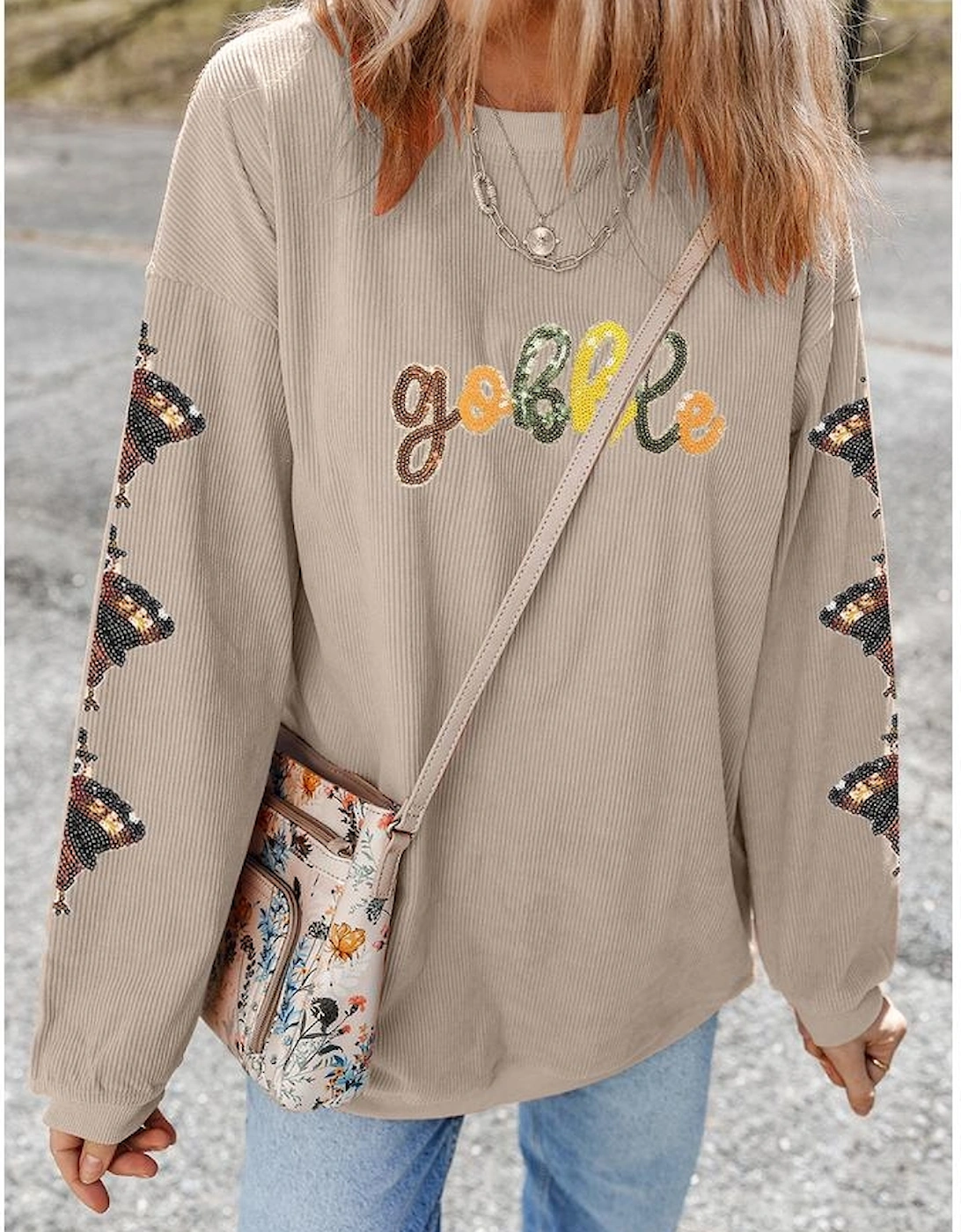 Smoke Gray Corded Ribbed Thanksgiving Turkey Sequin Patched Sleeve gobble Baggy Sweatshirt