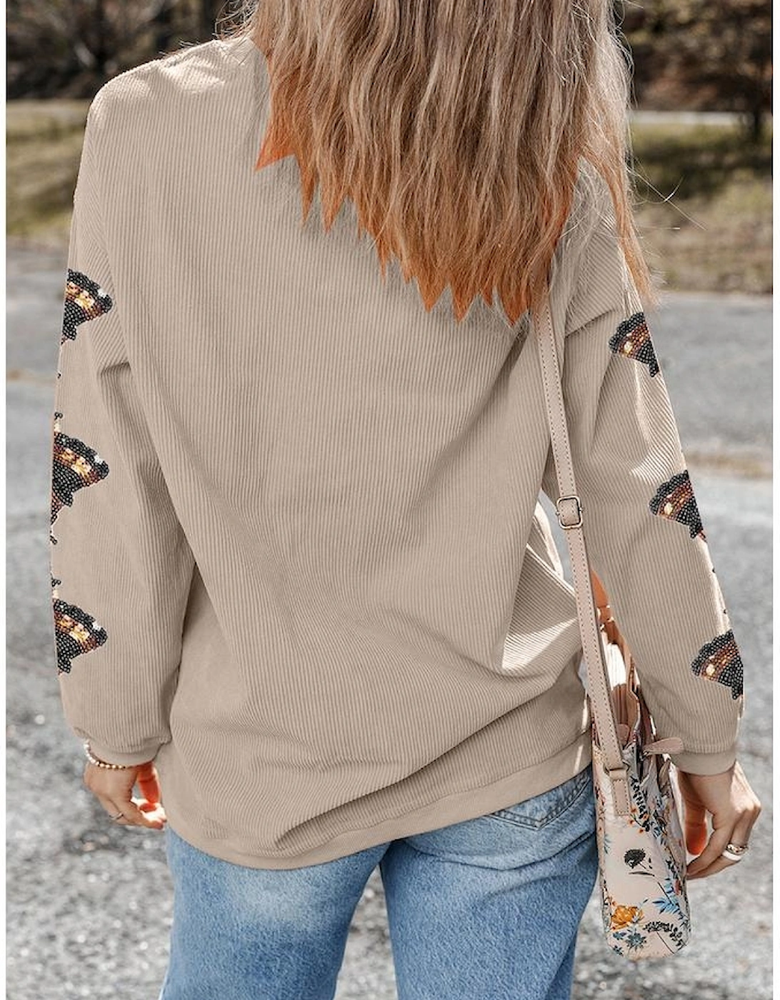 Smoke Gray Corded Ribbed Thanksgiving Turkey Sequin Patched Sleeve gobble Baggy Sweatshirt