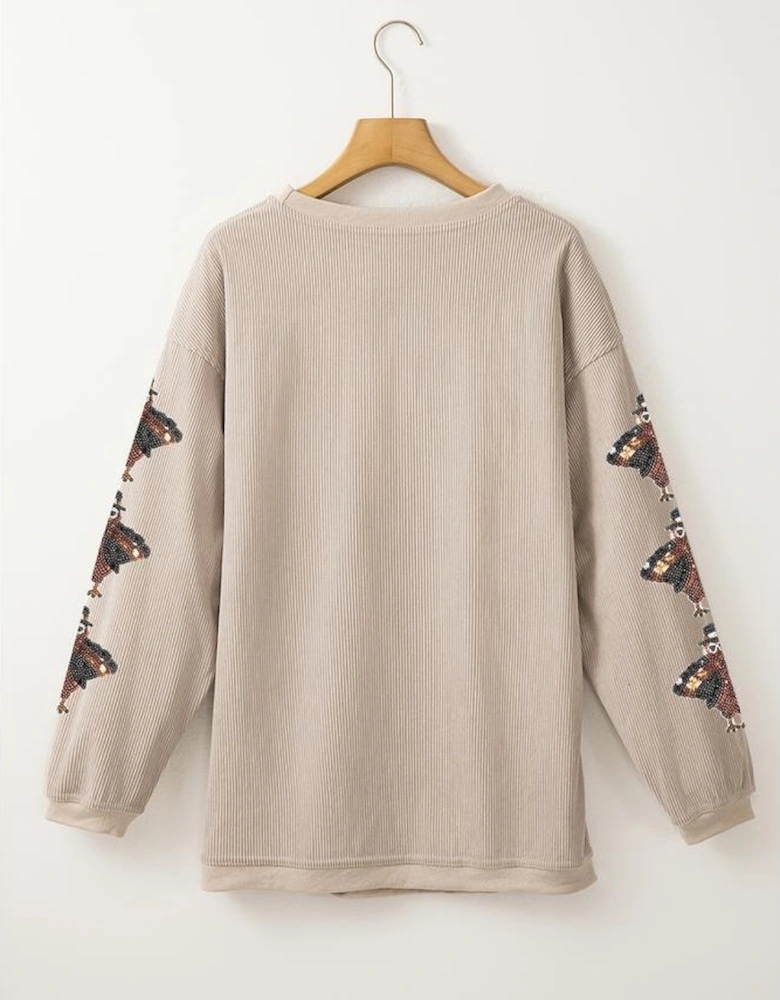 Smoke Gray Corded Ribbed Thanksgiving Turkey Sequin Patched Sleeve gobble Baggy Sweatshirt