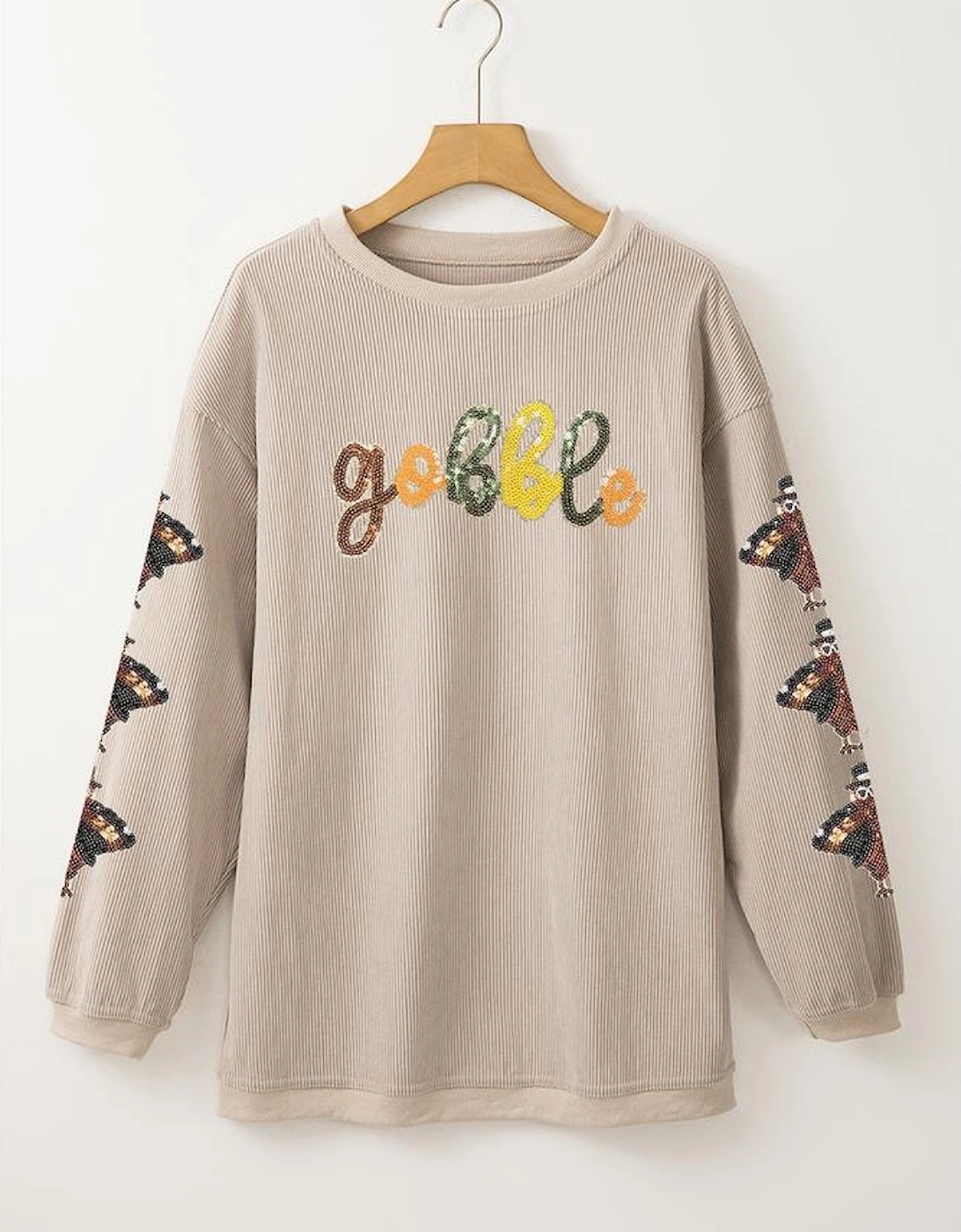 Smoke Gray Corded Ribbed Thanksgiving Turkey Sequin Patched Sleeve gobble Baggy Sweatshirt