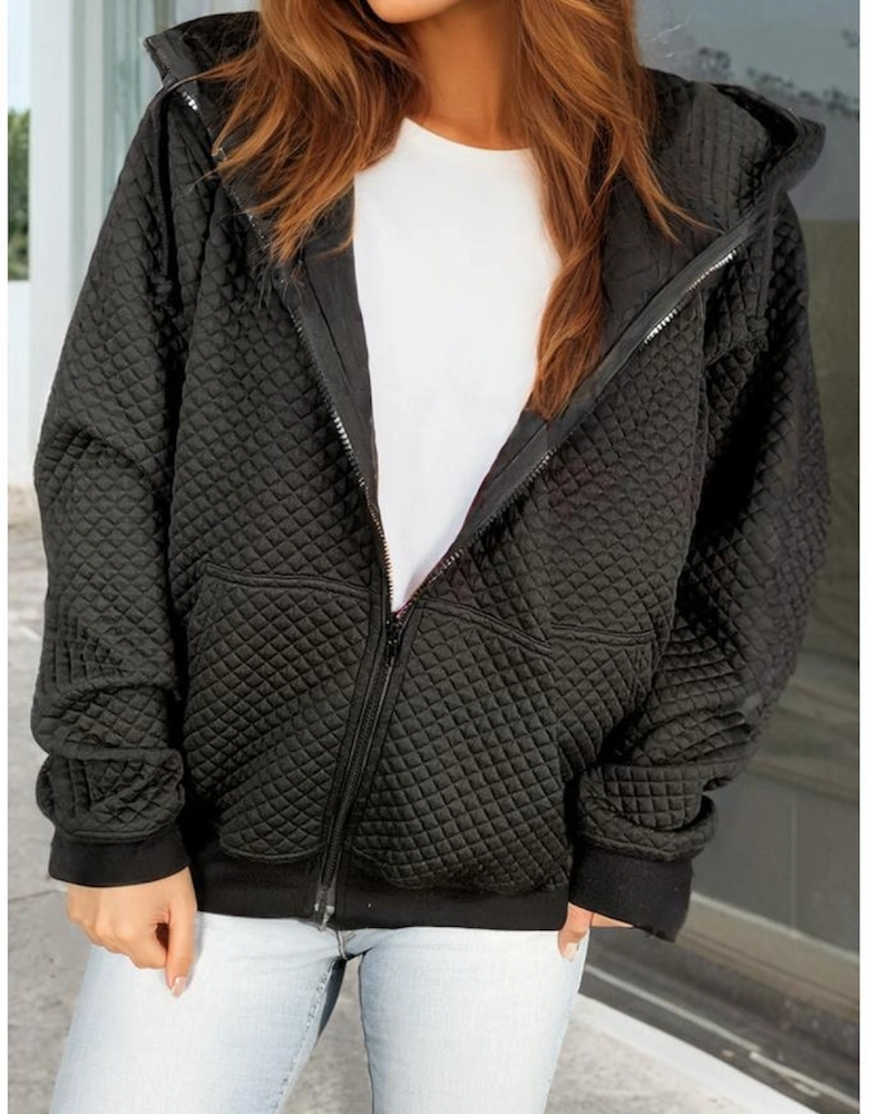 Black Quilted Side Pockets Zipper Hooded Jacket