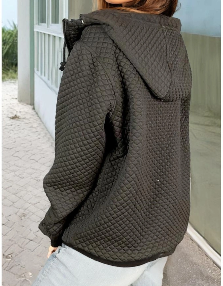 Black Quilted Side Pockets Zipper Hooded Jacket