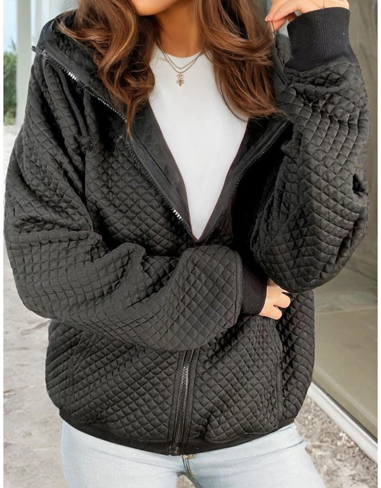 Black Quilted Side Pockets Zipper Hooded Jacket
