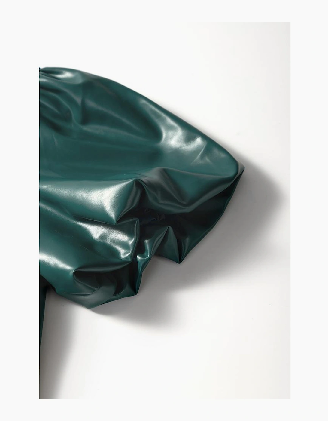 Sea Green  Notched V Neck Short Puff Sleeve PU Leather Blouse