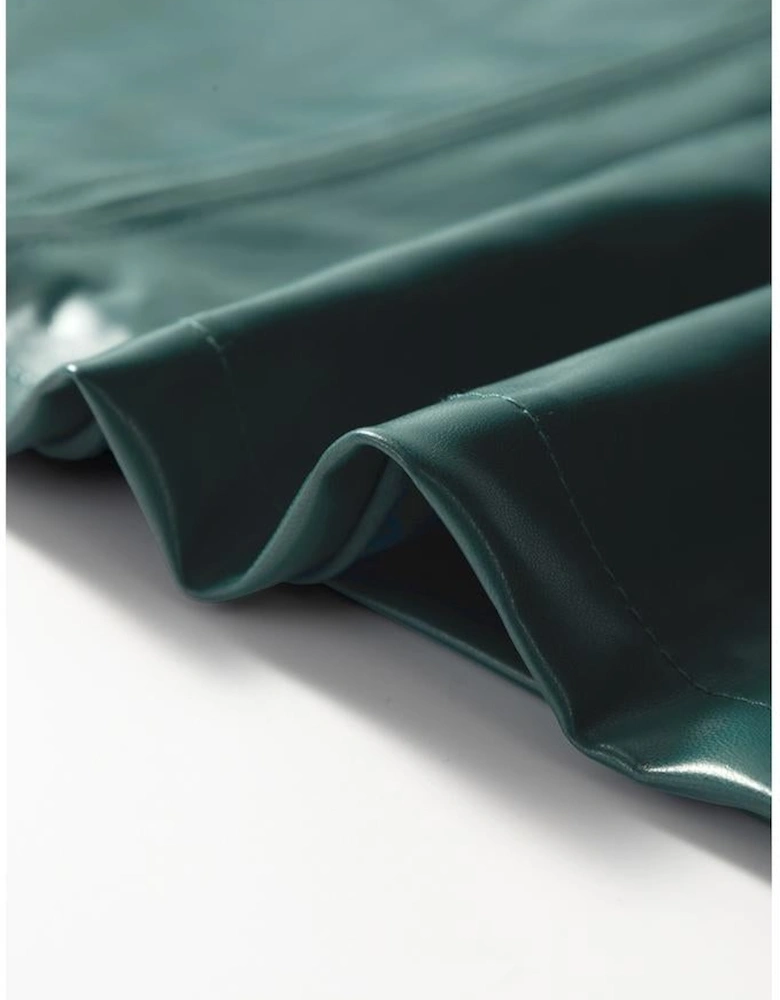 Sea Green  Notched V Neck Short Puff Sleeve PU Leather Blouse