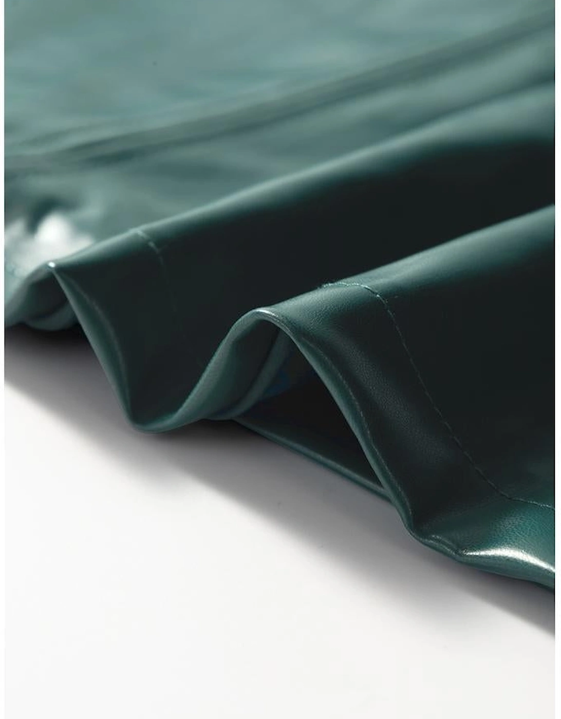 Sea Green  Notched V Neck Short Puff Sleeve PU Leather Blouse