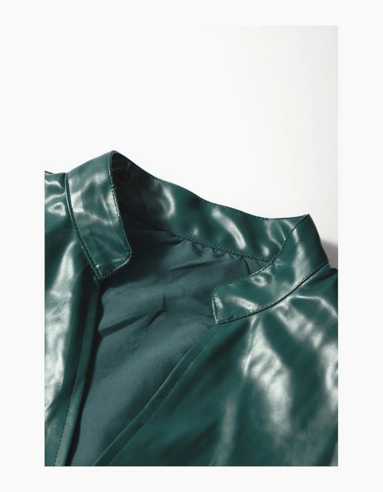 Sea Green  Notched V Neck Short Puff Sleeve PU Leather Blouse