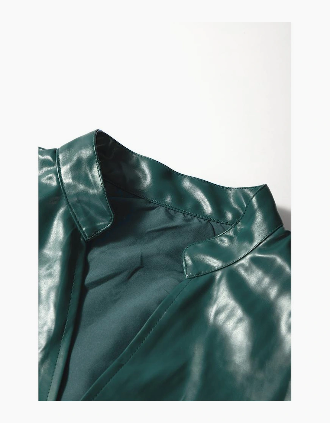 Sea Green  Notched V Neck Short Puff Sleeve PU Leather Blouse, 11 of 10