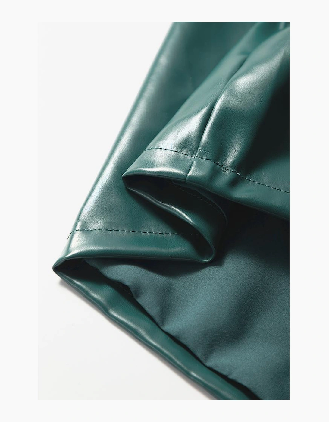 Sea Green  Notched V Neck Short Puff Sleeve PU Leather Blouse