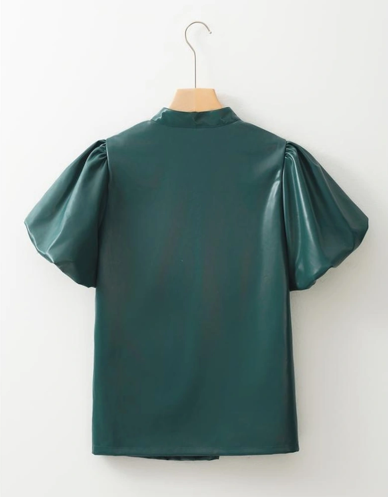 Sea Green  Notched V Neck Short Puff Sleeve PU Leather Blouse
