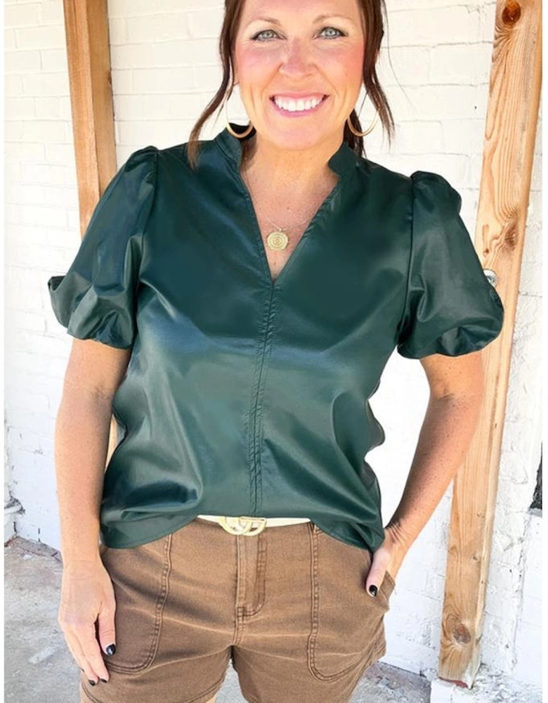 Sea Green  Notched V Neck Short Puff Sleeve PU Leather Blouse