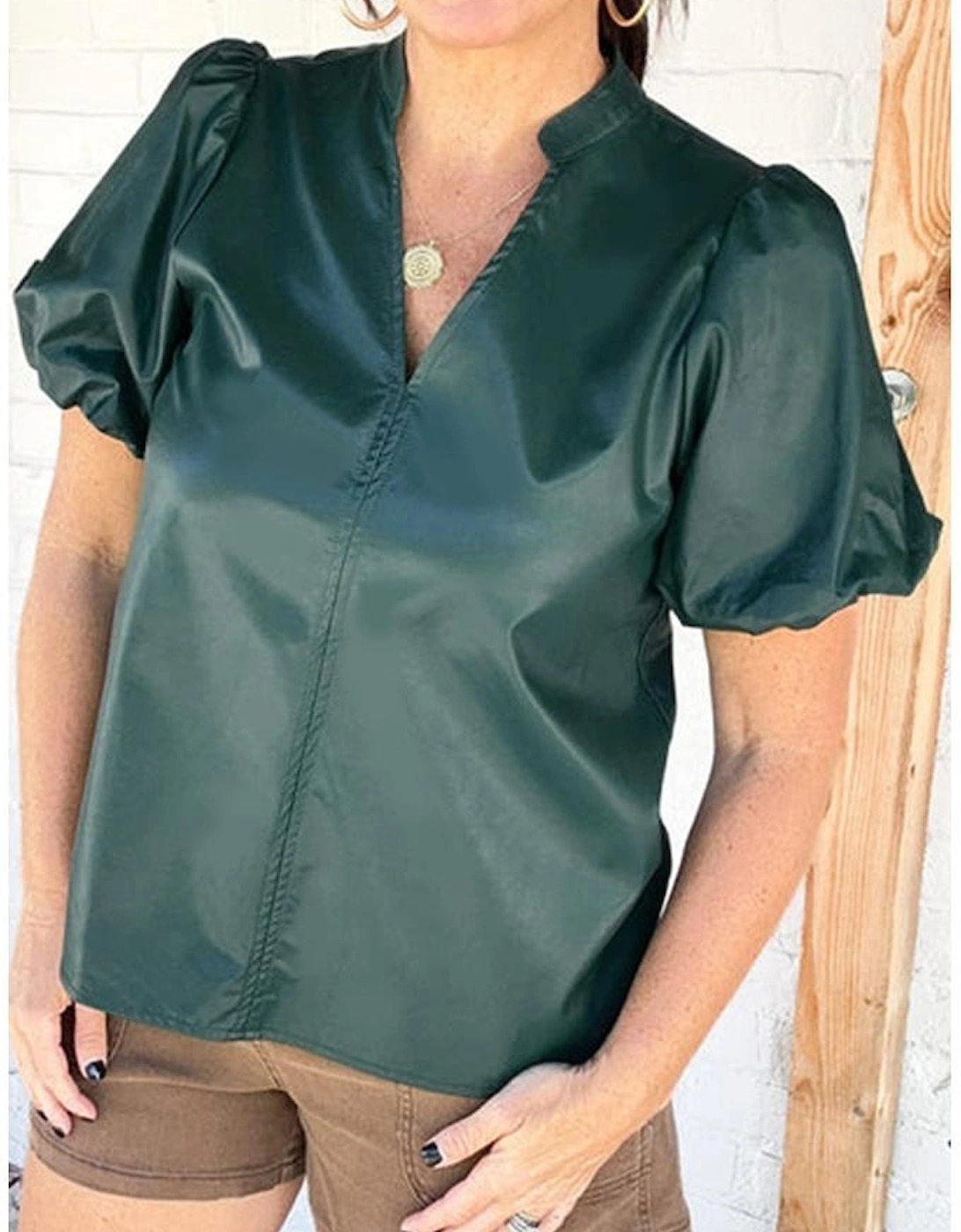 Sea Green  Notched V Neck Short Puff Sleeve PU Leather Blouse