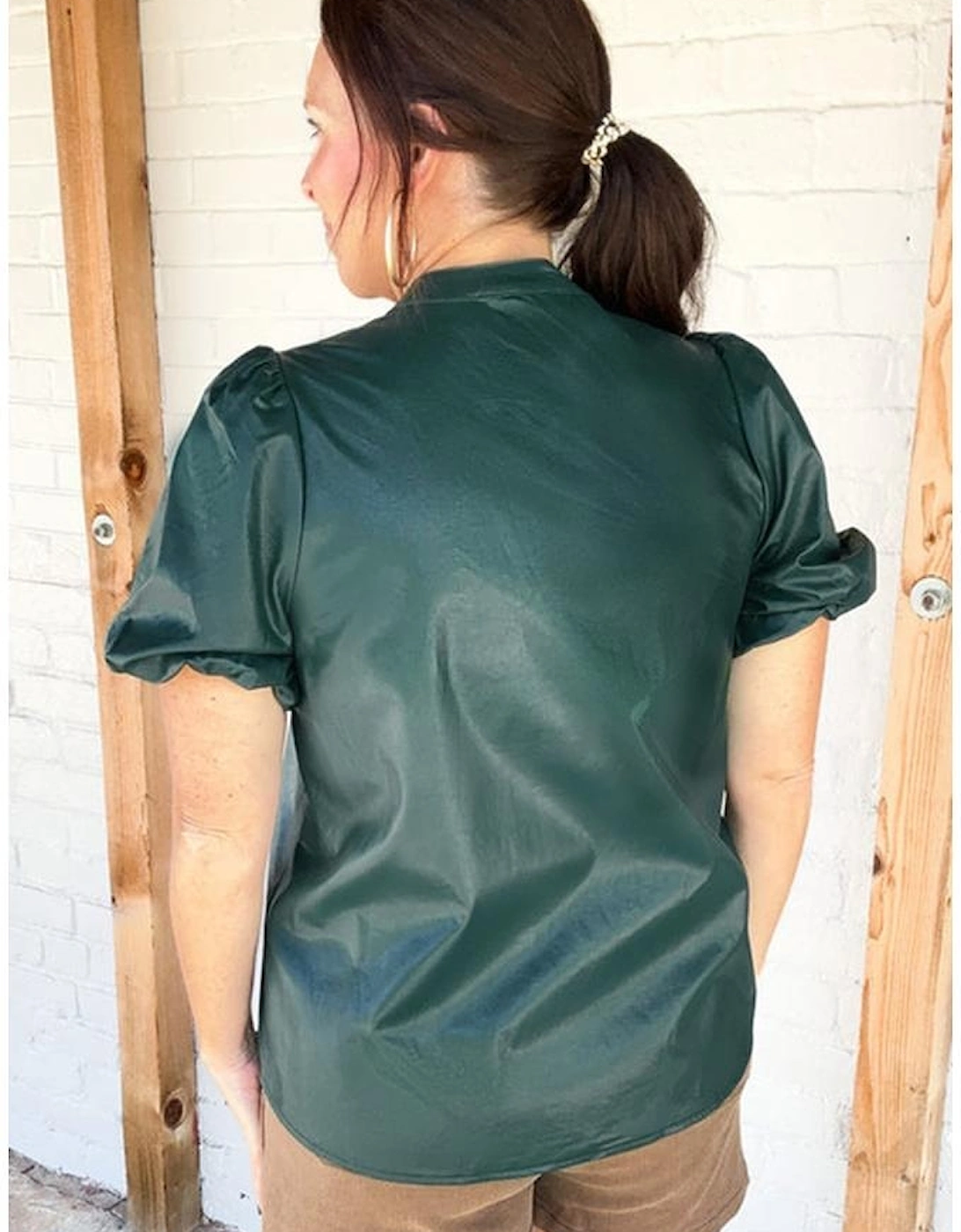 Sea Green  Notched V Neck Short Puff Sleeve PU Leather Blouse