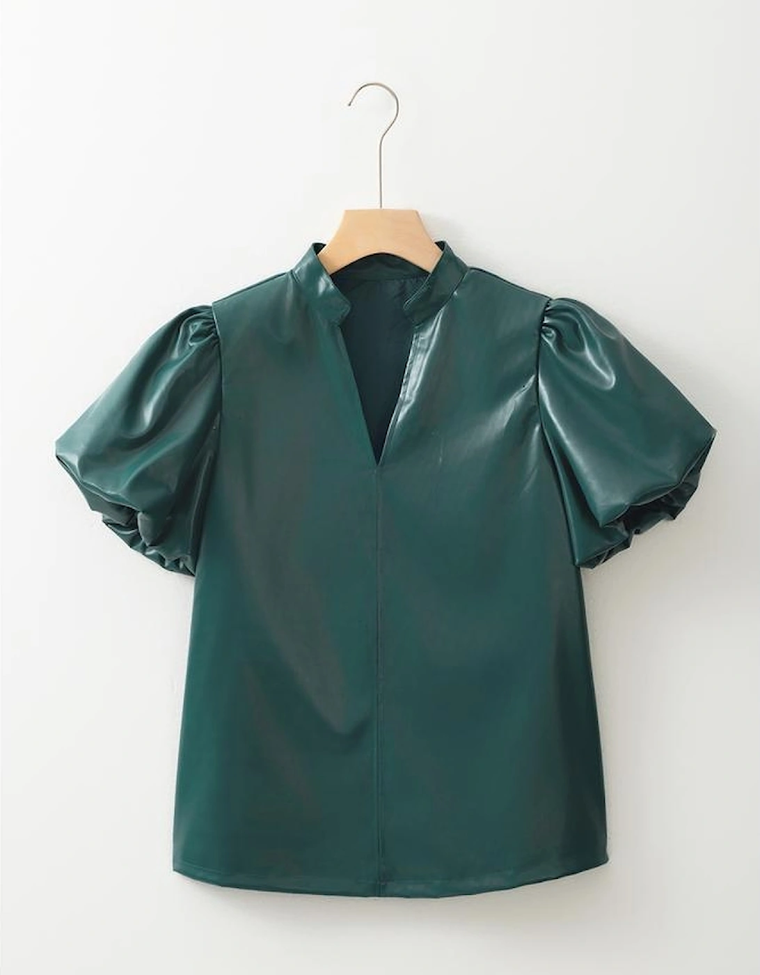 Sea Green  Notched V Neck Short Puff Sleeve PU Leather Blouse