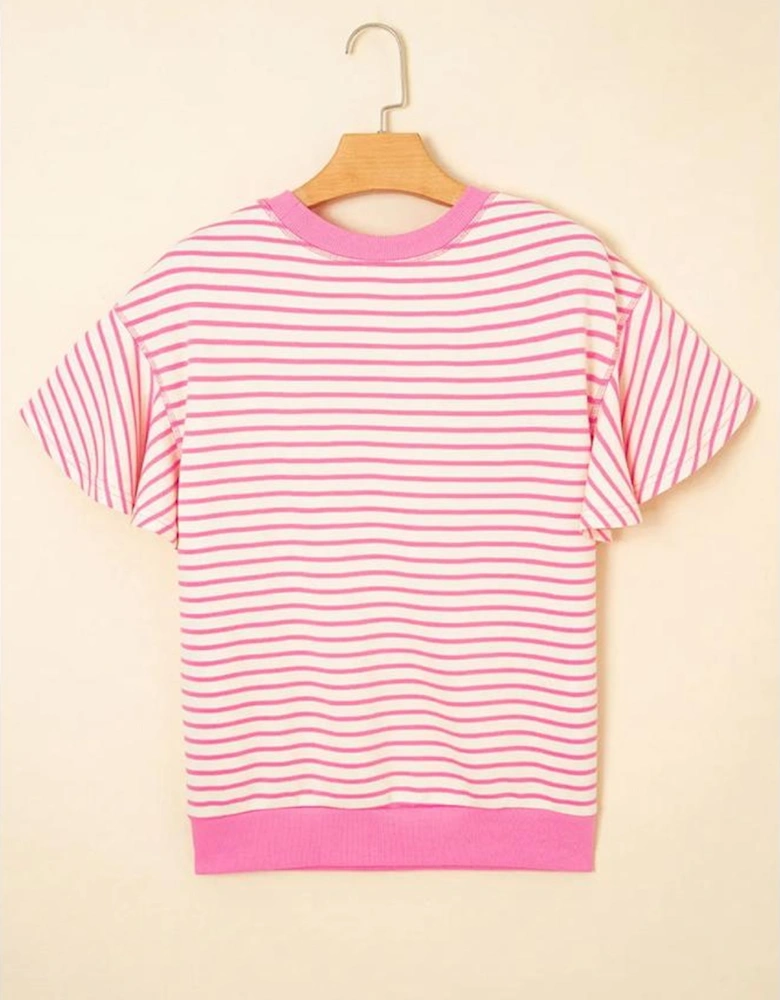 Sachet Pink Sequin Baseball Pattern Striped Ruffle Sleeve Round Neck Knit Top