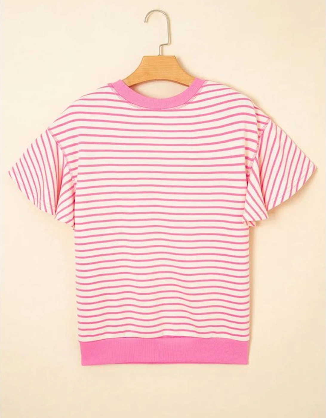 Sachet Pink Sequin Baseball Pattern Striped Ruffle Sleeve Round Neck Knit Top