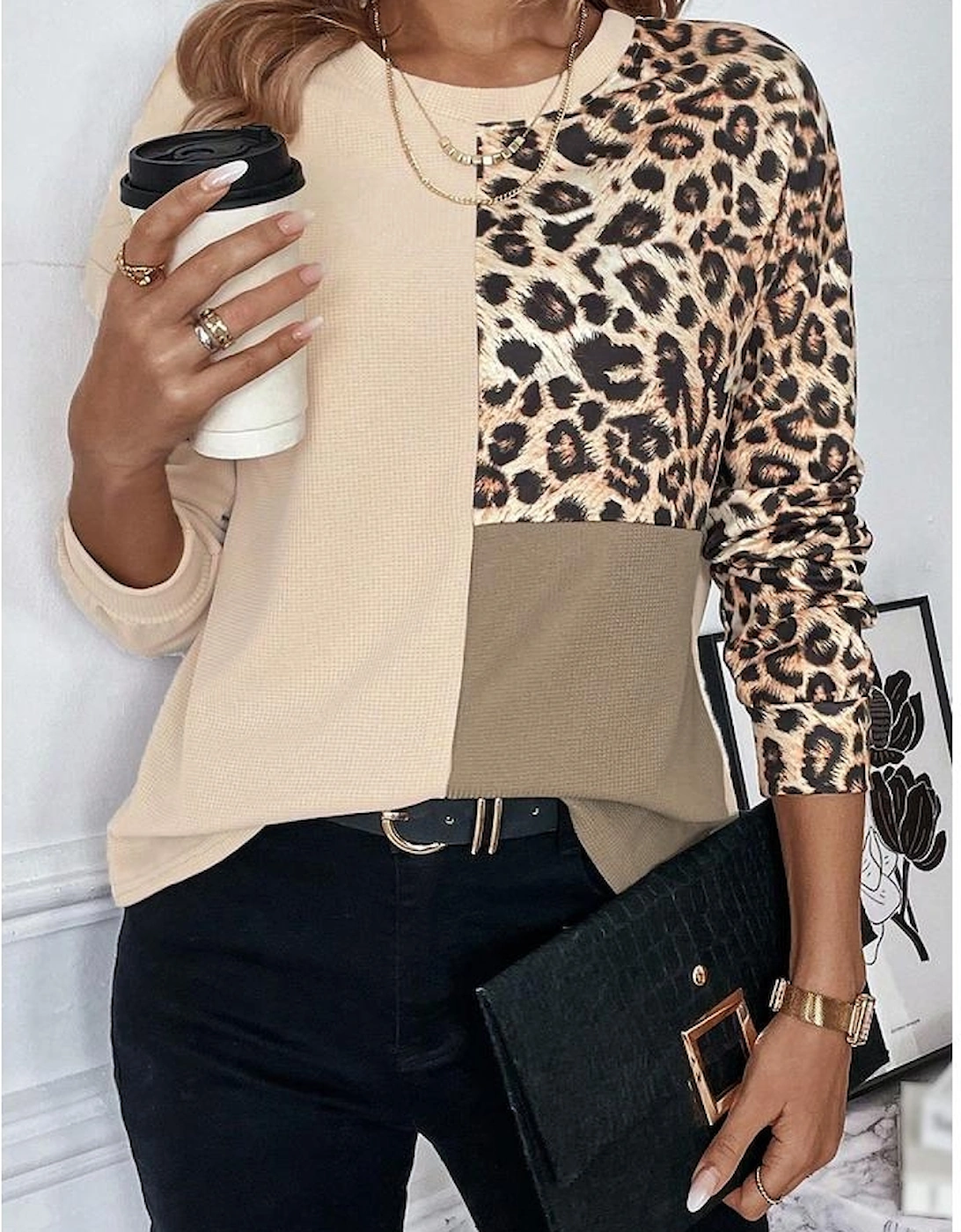 Pale Khaki Leopard Colorblock Waffle Knit Top