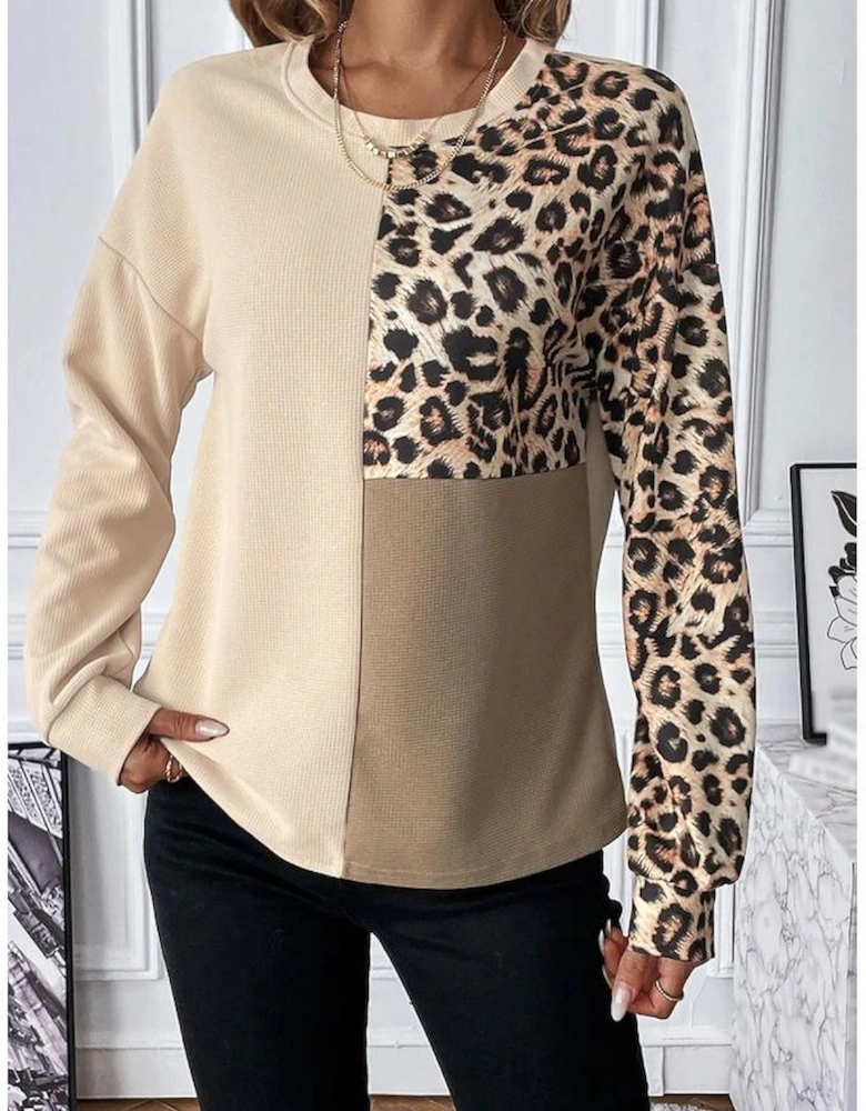Pale Khaki Leopard Colorblock Waffle Knit Top
