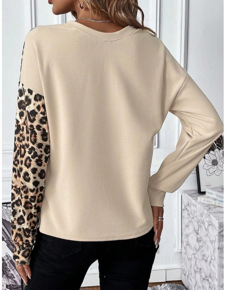 Pale Khaki Leopard Colorblock Waffle Knit Top