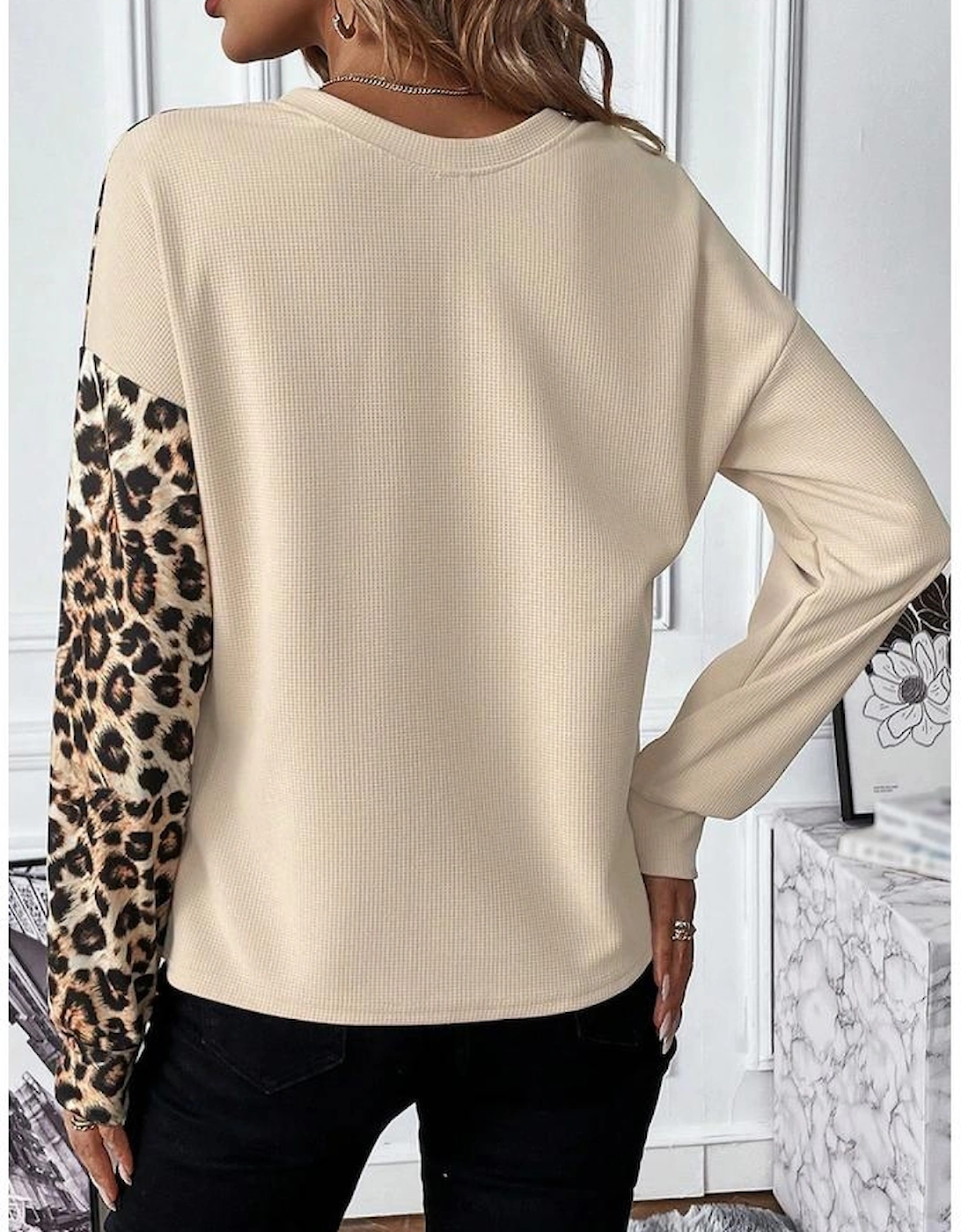 Pale Khaki Leopard Colorblock Waffle Knit Top